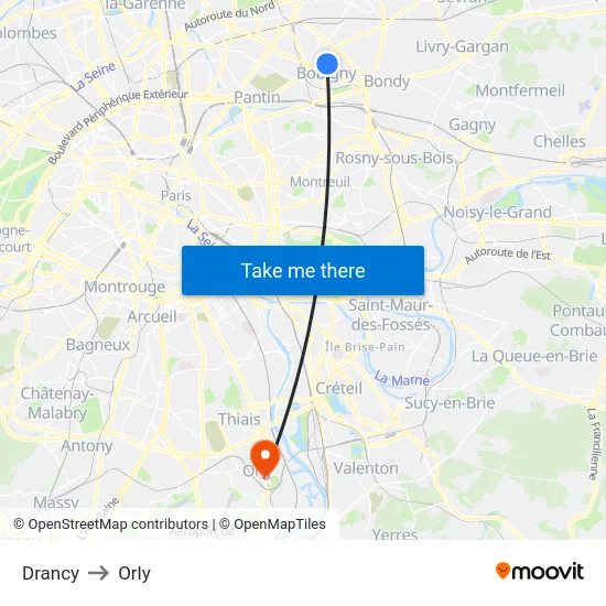 Drancy to Orly map