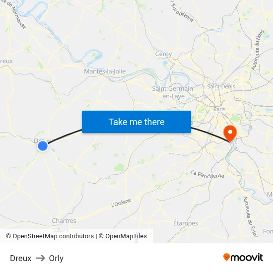 Dreux to Orly map