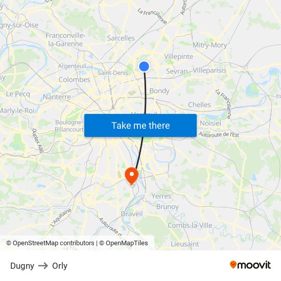 Dugny to Orly map