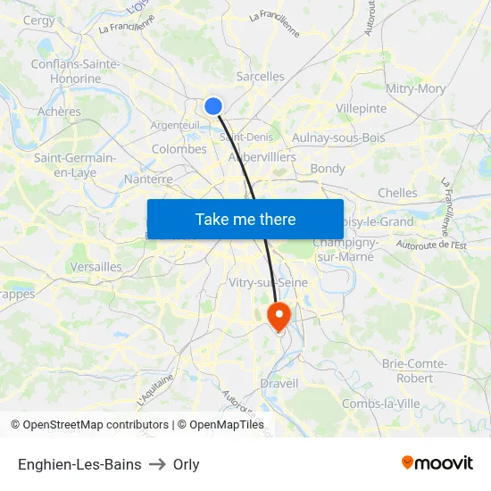 Enghien-Les-Bains to Orly map