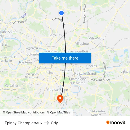 Epinay-Champlatreux to Orly map