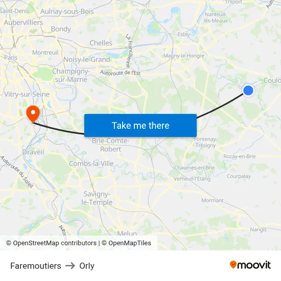 Faremoutiers to Orly map