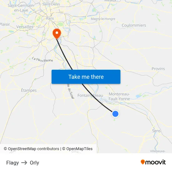 Flagy to Orly map