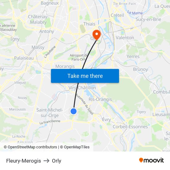 Fleury-Merogis to Orly map