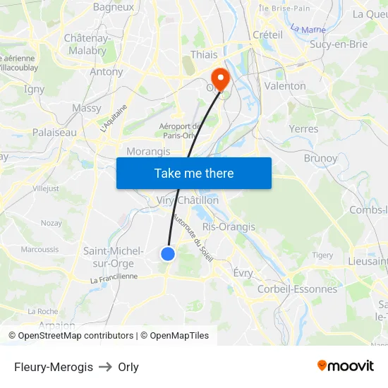 Fleury-Merogis to Orly map