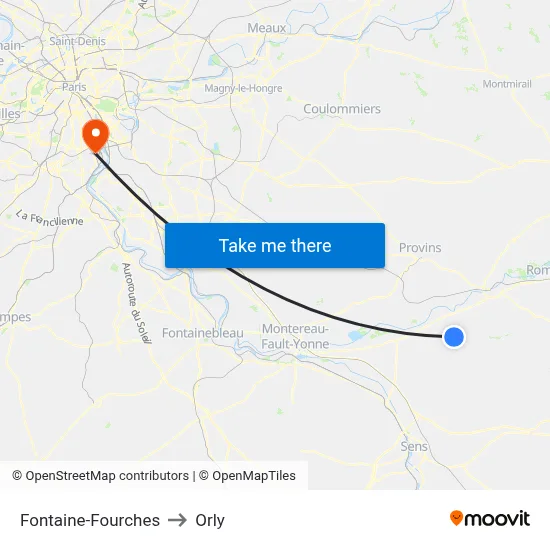 Fontaine-Fourches to Orly map