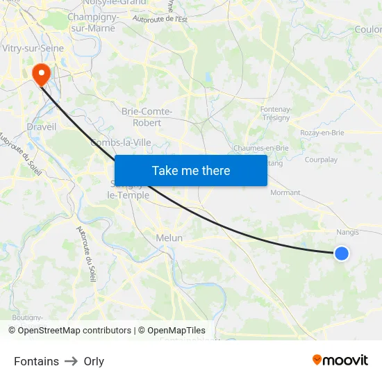 Fontains to Orly map