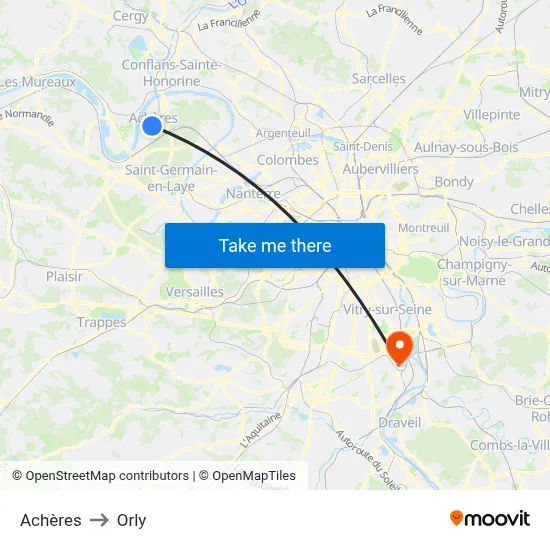 Achères to Orly map