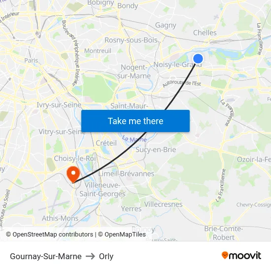 Gournay-Sur-Marne to Orly map