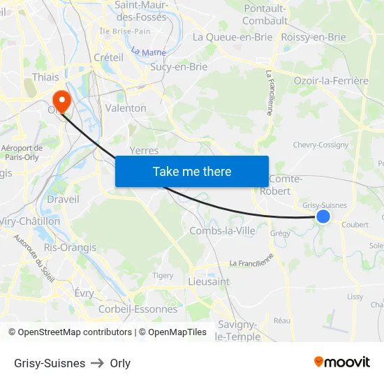 Grisy-Suisnes to Orly map