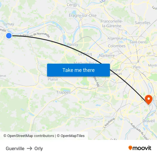 Guerville to Orly map