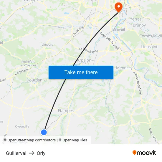 Guillerval to Orly map
