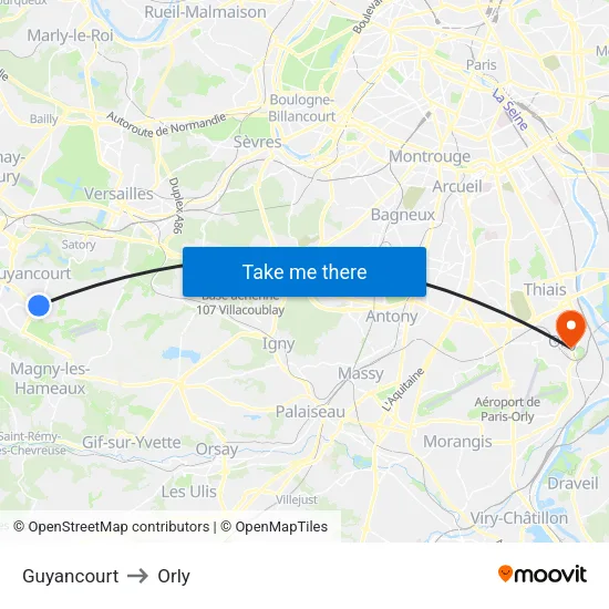 Guyancourt to Orly map