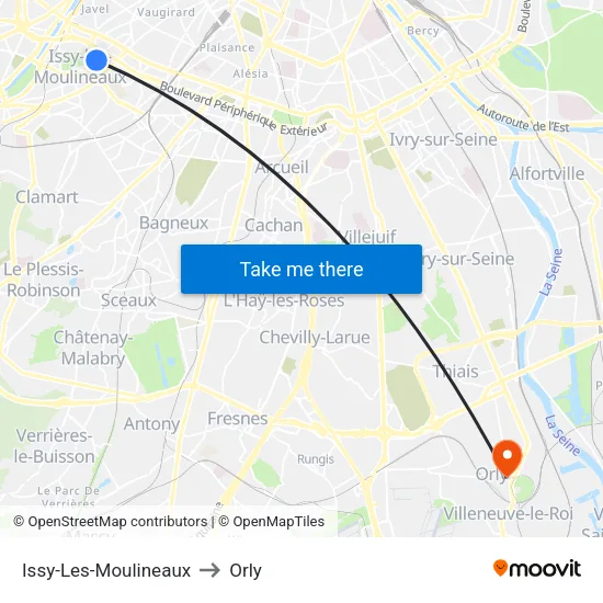 Issy-Les-Moulineaux to Orly map