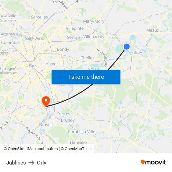 Jablines to Orly map