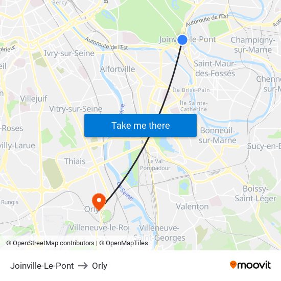 Joinville-Le-Pont to Orly map