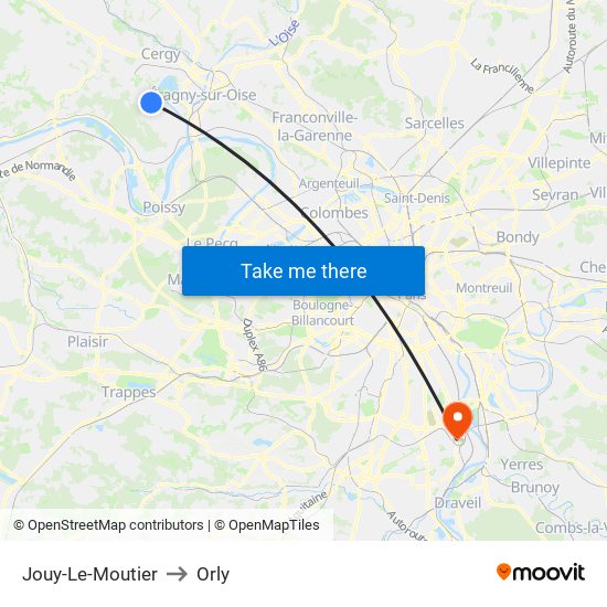 Jouy-Le-Moutier to Orly map