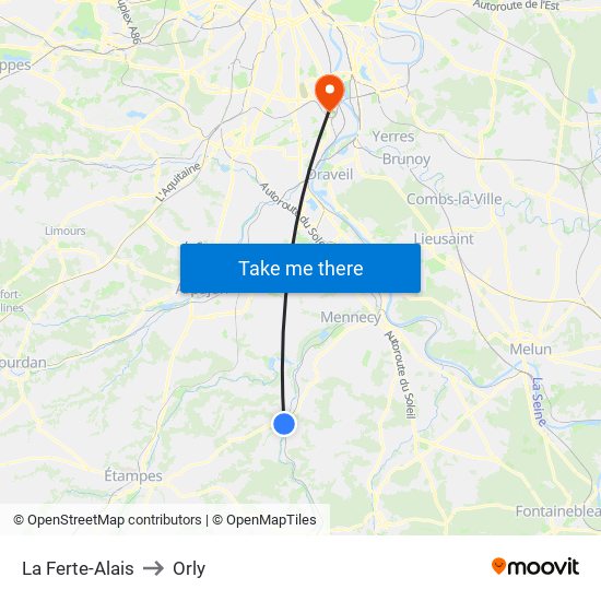 La Ferte-Alais to Orly map