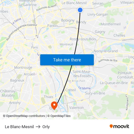 Le Blanc-Mesnil to Orly map
