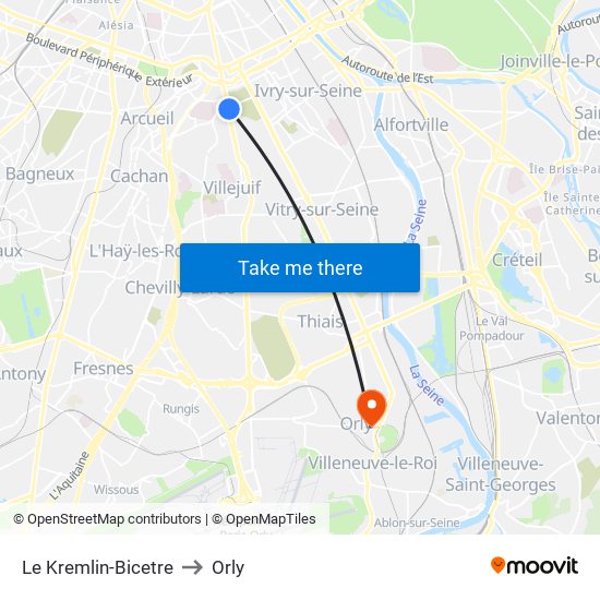 Le Kremlin-Bicetre to Orly map