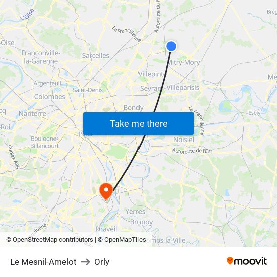 Le Mesnil-Amelot to Orly map