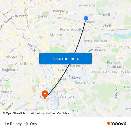 Le Raincy to Orly map