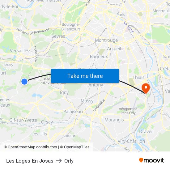 Les Loges-En-Josas to Orly map