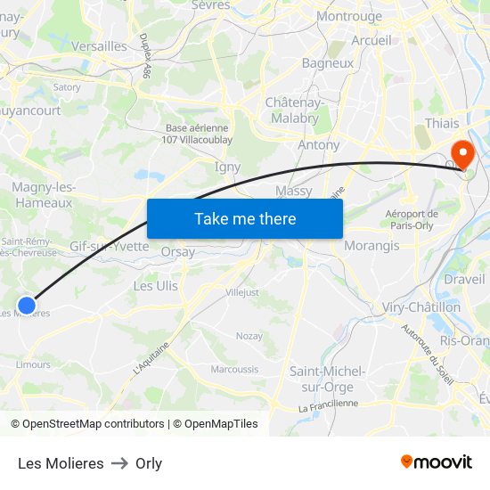 Les Molieres to Orly map