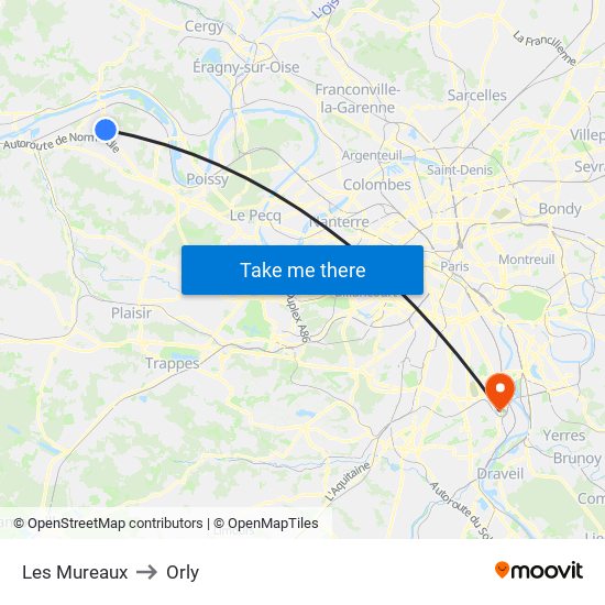 Les Mureaux to Orly map