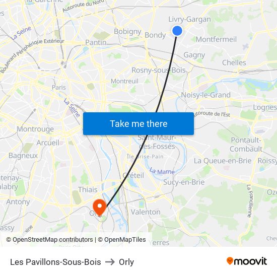 Les Pavillons-Sous-Bois to Orly map