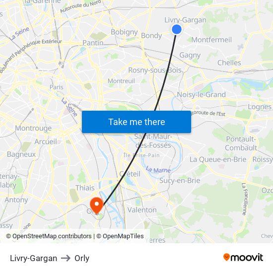 Livry-Gargan to Orly map