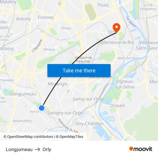 Longjumeau to Orly map