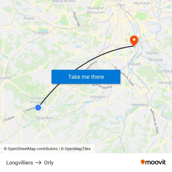 Longvilliers to Orly map