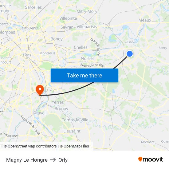 Magny-Le-Hongre to Orly map