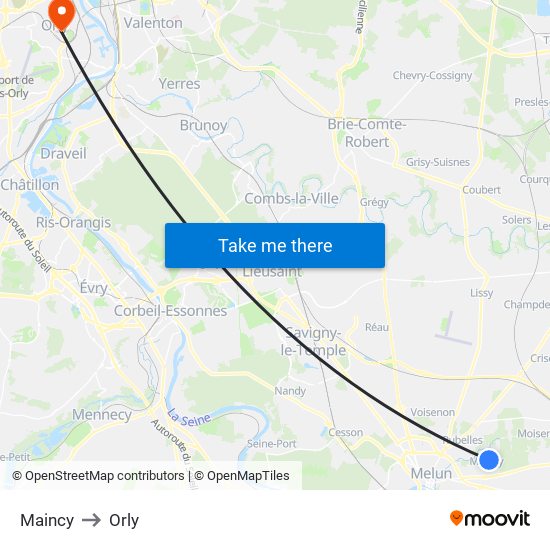 Maincy to Orly map