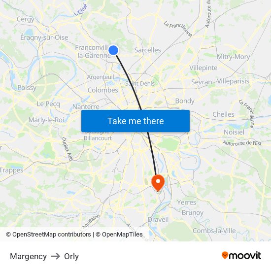 Margency to Orly map