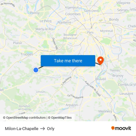Milon-La-Chapelle to Orly map