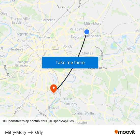 Mitry-Mory to Orly map