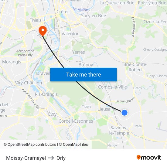 Moissy-Cramayel to Orly map