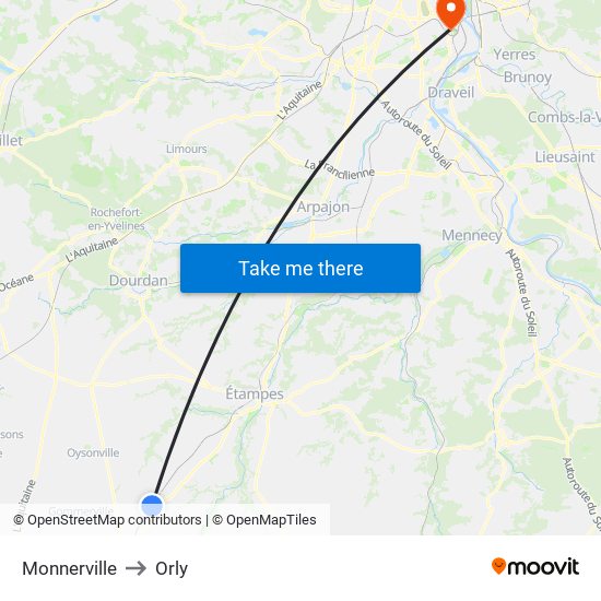 Monnerville to Orly map
