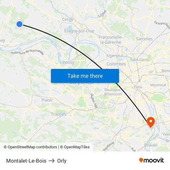 Montalet-Le-Bois to Orly map