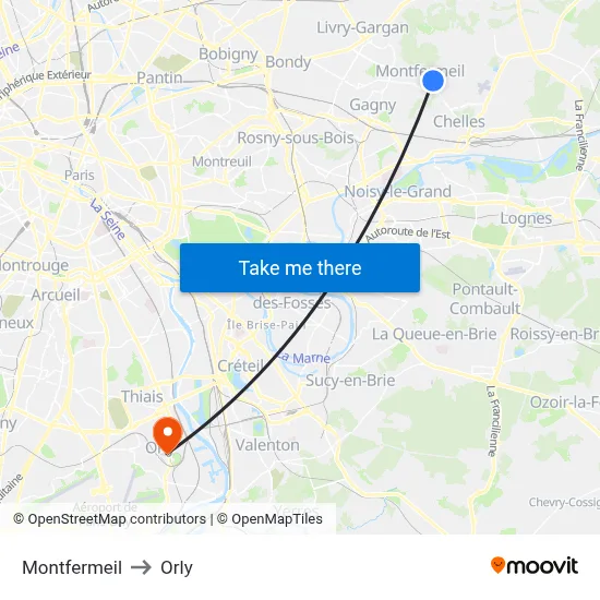 Montfermeil to Orly map