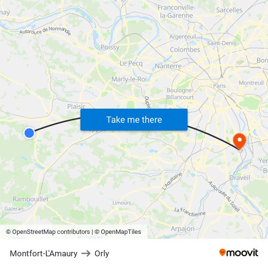 Montfort-L'Amaury to Orly map