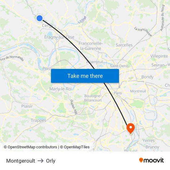 Montgeroult to Orly map