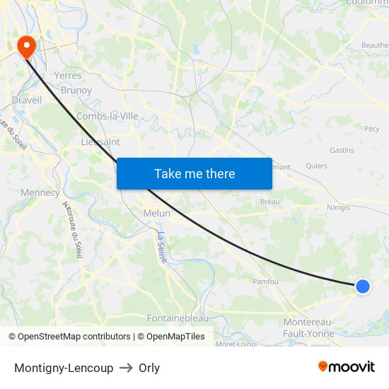 Montigny-Lencoup to Orly map
