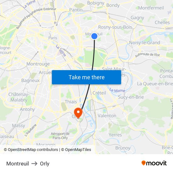 Montreuil to Orly map