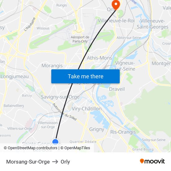 Morsang-Sur-Orge to Orly map