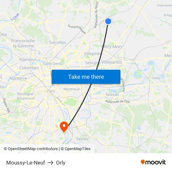 Moussy-Le-Neuf to Orly map