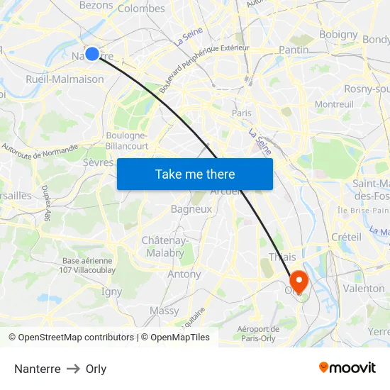 Nanterre to Orly map