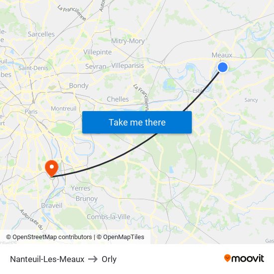 Nanteuil-Les-Meaux to Orly map